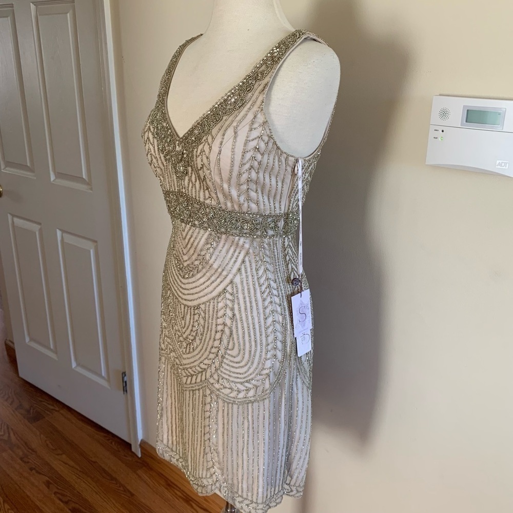 SUE WONG 14 Champagne Beaded Formal Bridal cocktail Evening dress - Picture 7 of 17